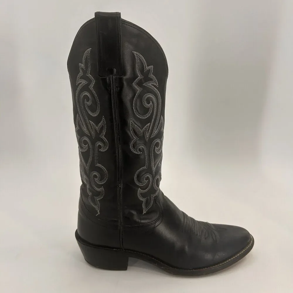 Justin Cowboy Boots 8.5 D Black Leather Western Scroll Stitch 1409 Pointed Toe